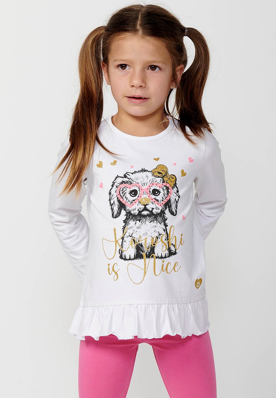 Long-sleeved ruffle-trim front print t-shirt for girls in white