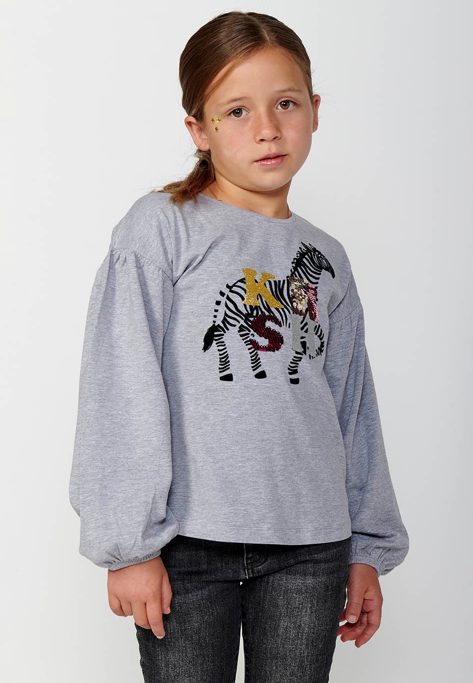 Girls' Grey Front Print Long Sleeve T-Shirt