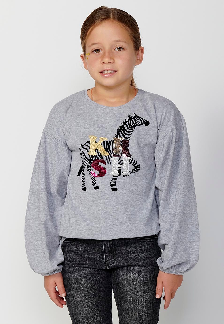 Girls' Grey Front Print Long Sleeve T-Shirt