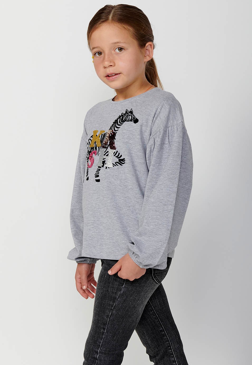 Girls' Grey Front Print Long Sleeve T-Shirt