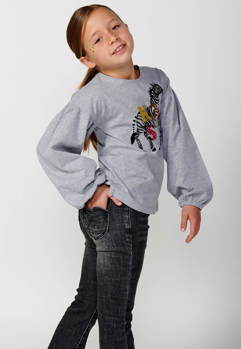 Girls' Grey Front Print Long Sleeve T-Shirt