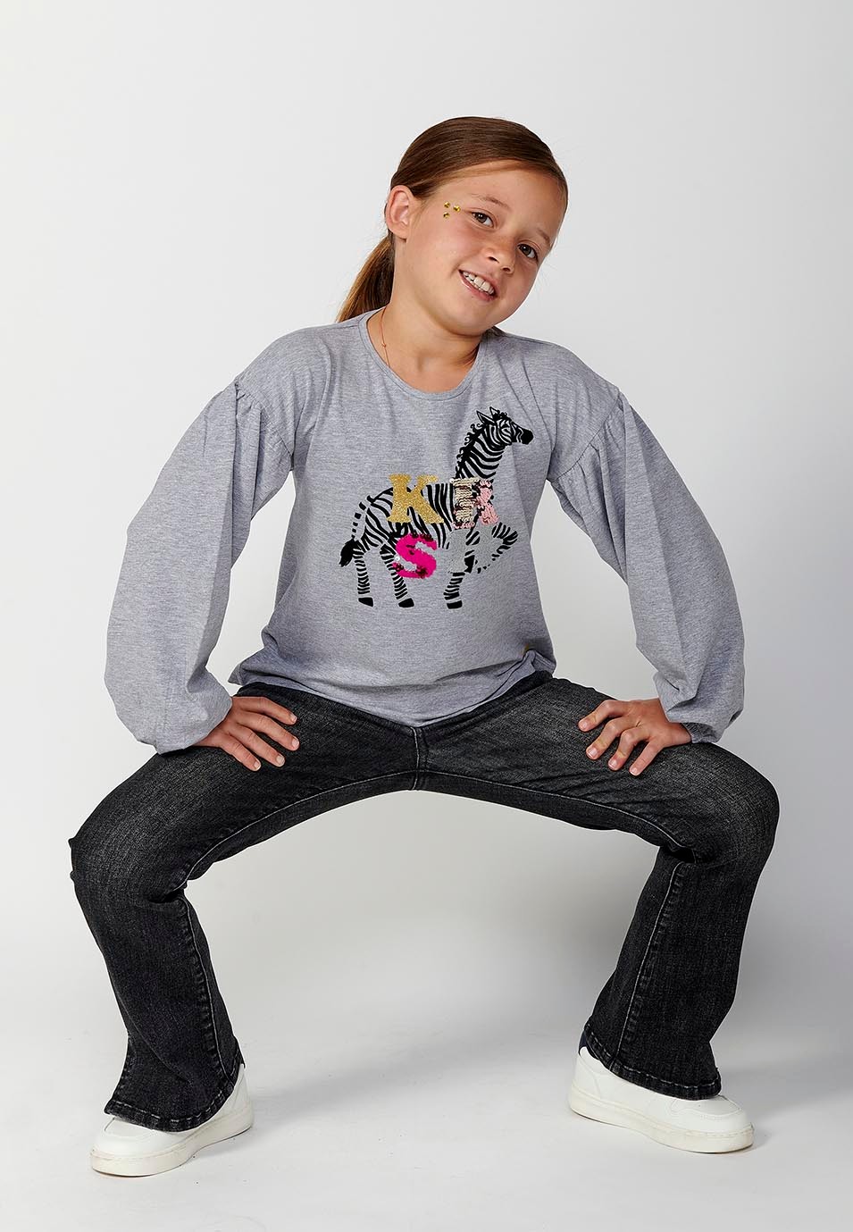 Girls' Grey Front Print Long Sleeve T-Shirt