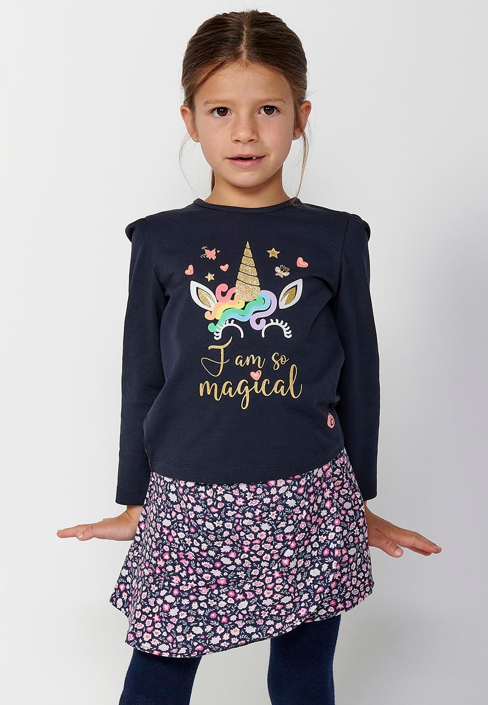 Girls Navy Front Print Long Sleeve T-Shirt