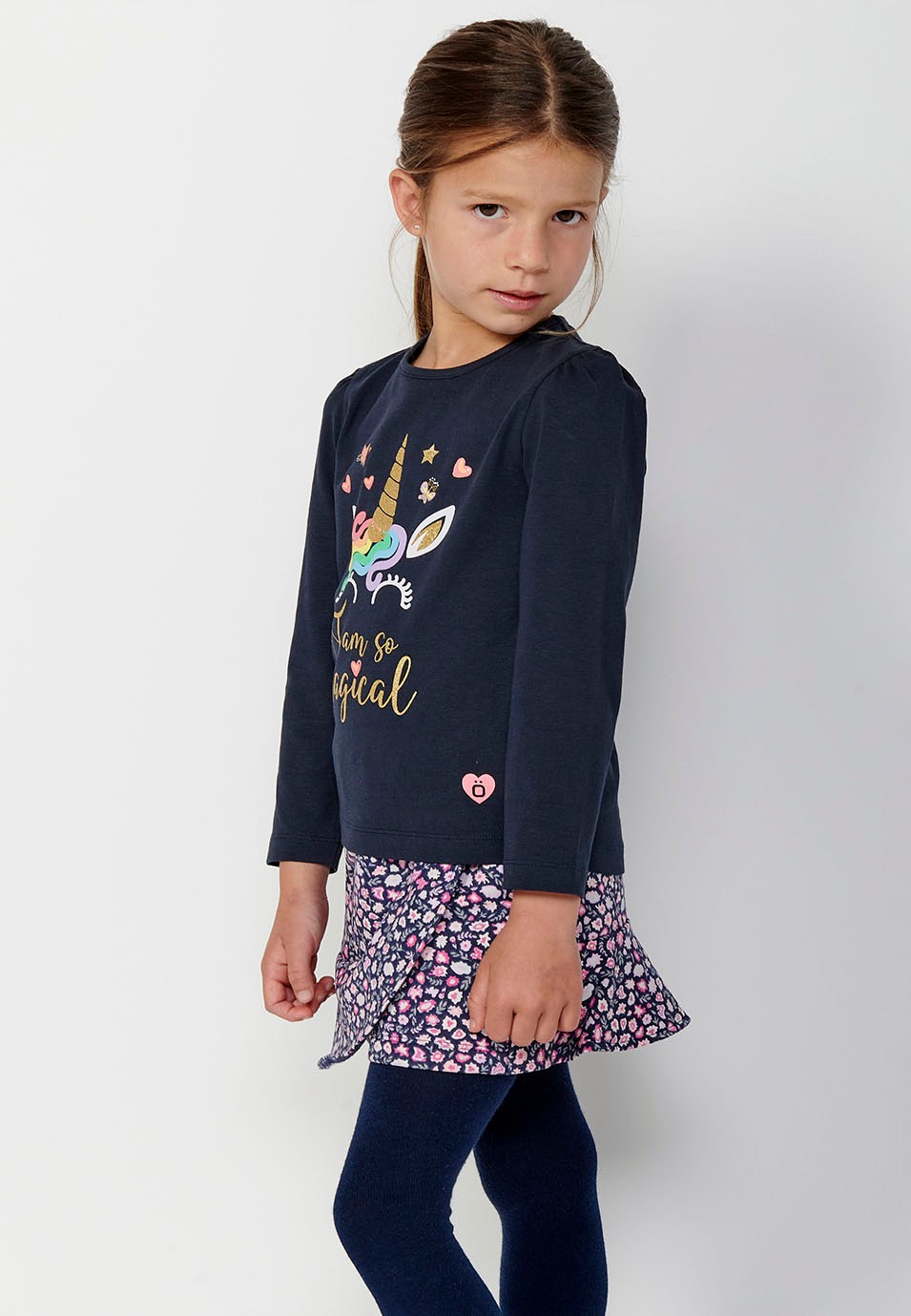 Girls Navy Front Print Long Sleeve T-Shirt