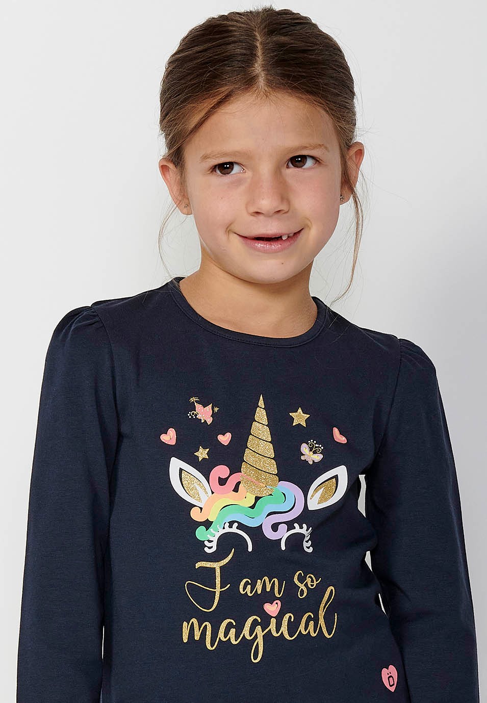 Girls Navy Front Print Long Sleeve T-Shirt