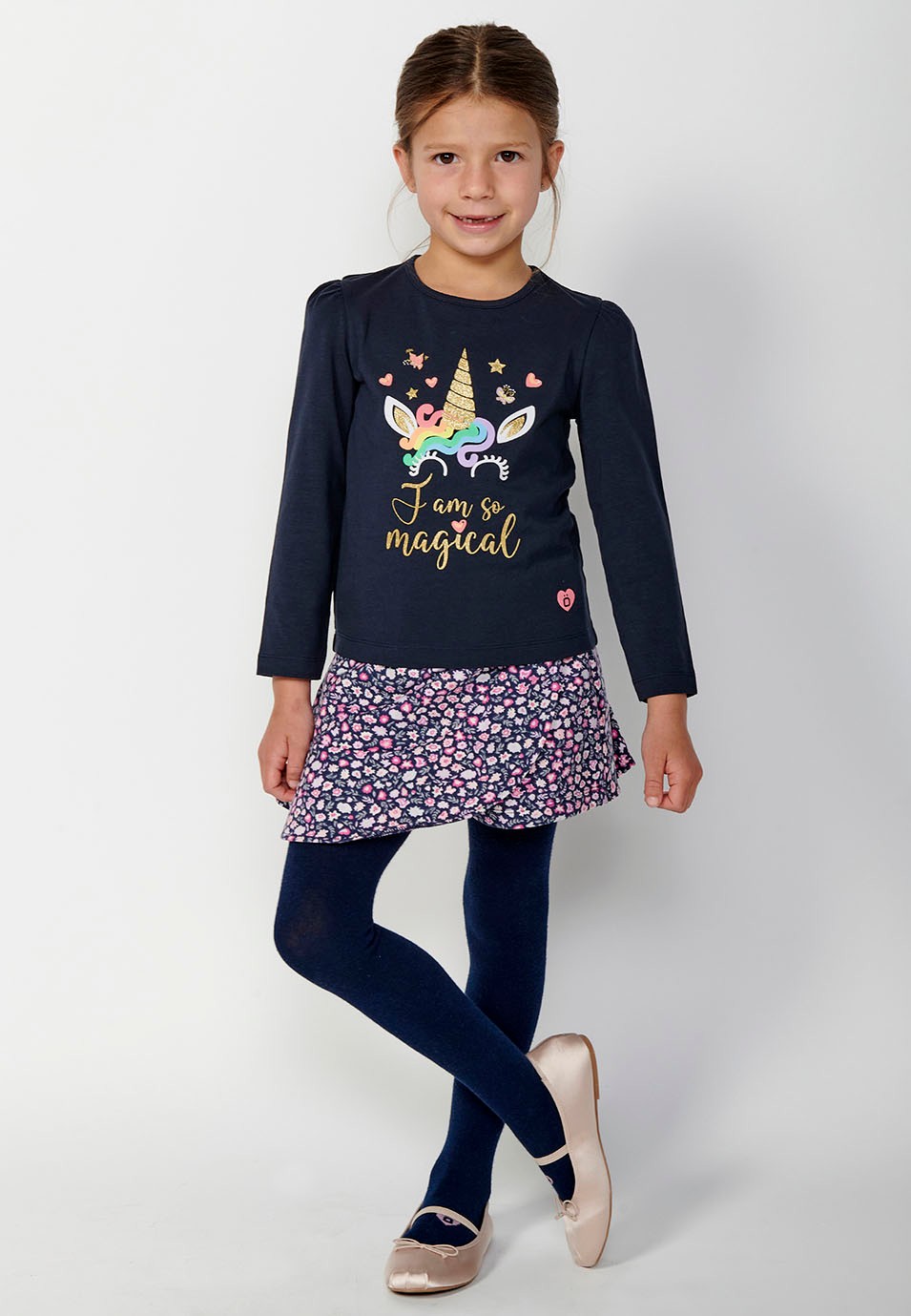 Girls Navy Front Print Long Sleeve T-Shirt