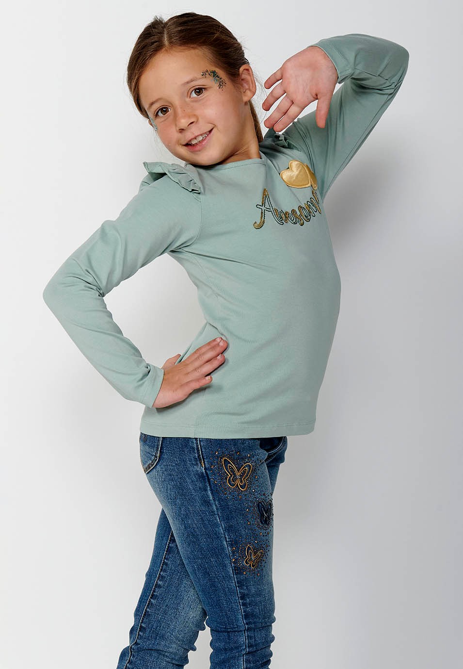 Long Sleeve T-Shirt with Ruffle Trim and Front Print in Khaki for Girls