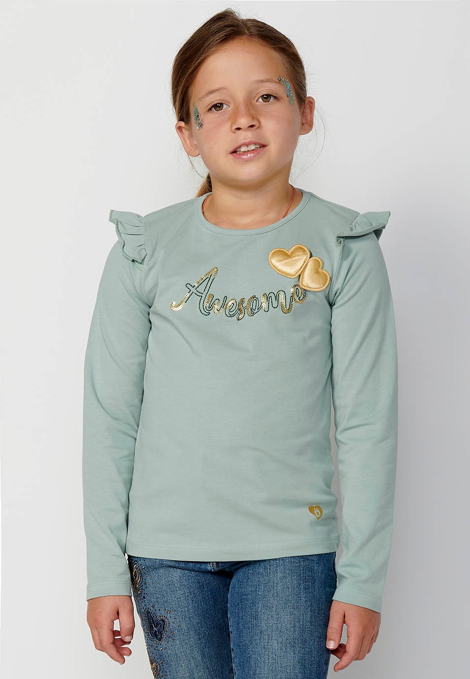 Long Sleeve T-Shirt with Ruffle Trim and Front Print in Khaki for Girls