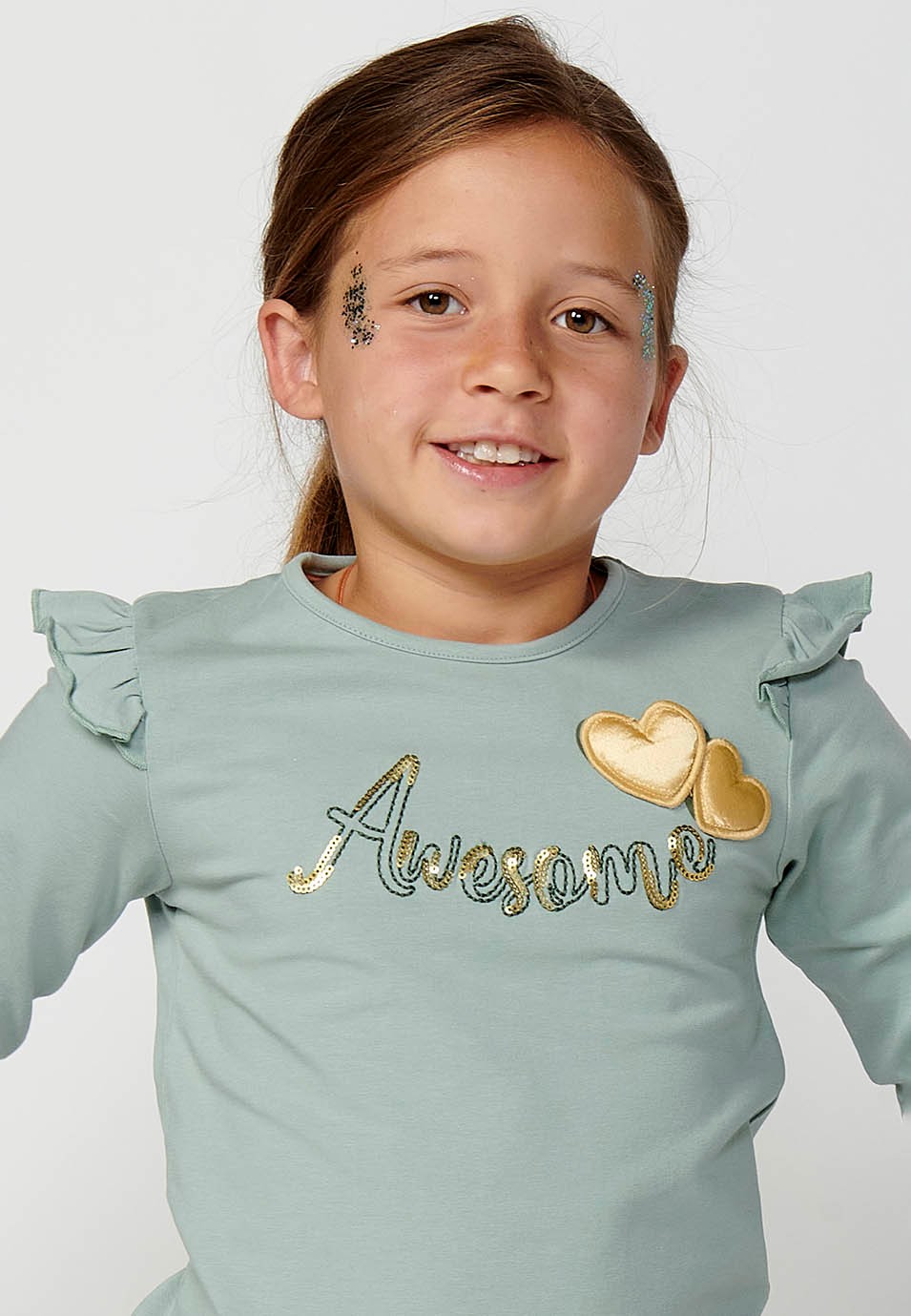 Long Sleeve T-Shirt with Ruffle Trim and Front Print in Khaki for Girls