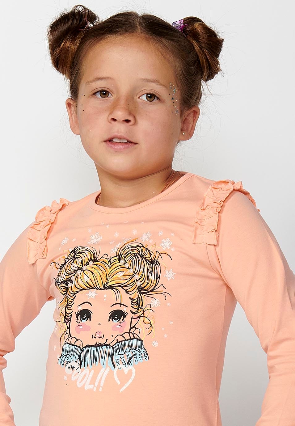 Long-Sleeved T-Shirt with Ruffle Shoulders and Front Print in Salmon for Girls