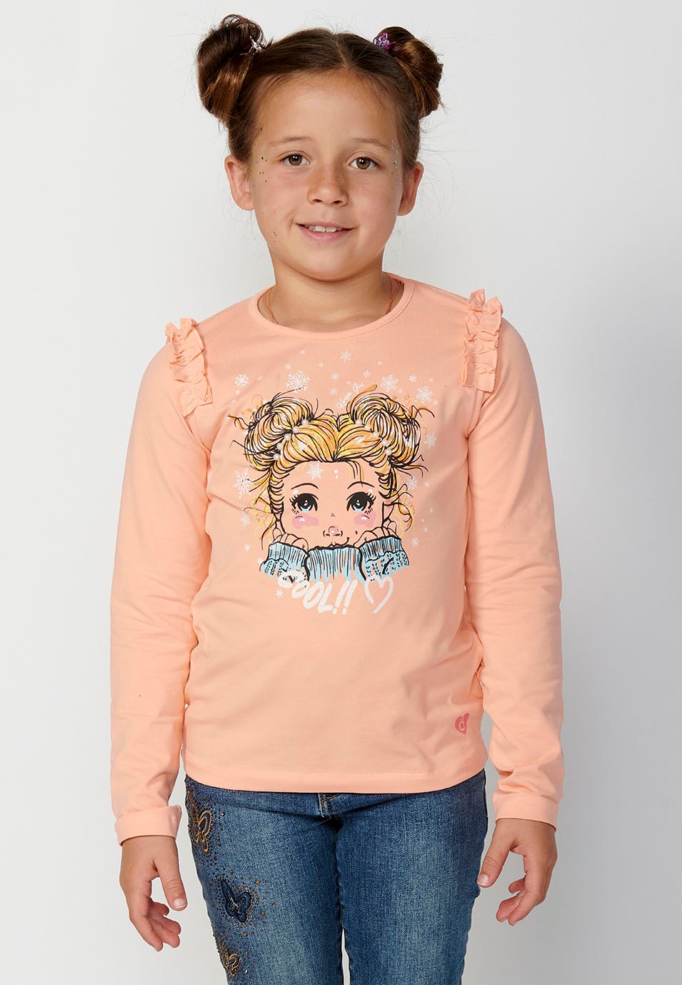 Long-Sleeved T-Shirt with Ruffle Shoulders and Front Print in Salmon for Girls