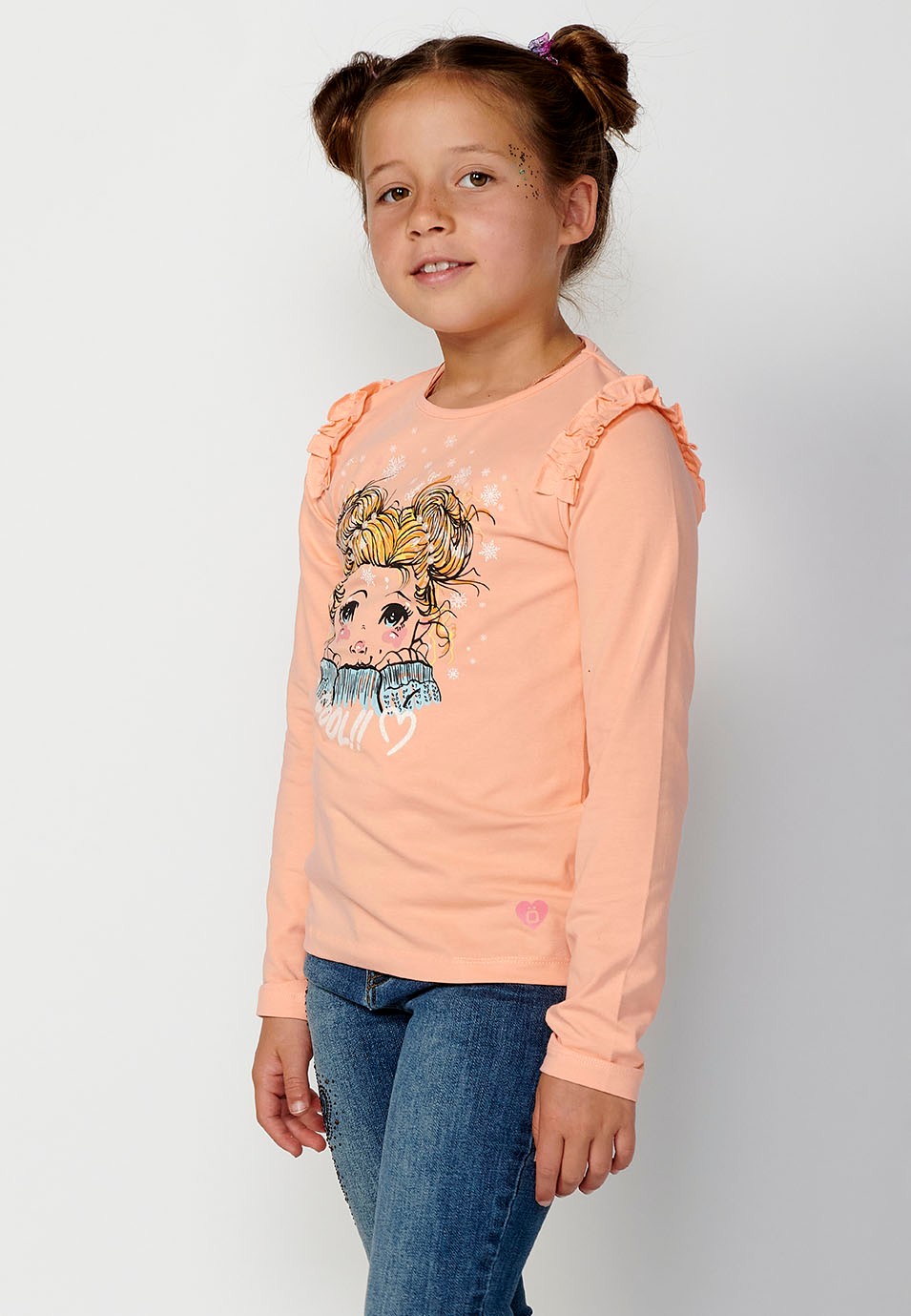 Long-Sleeved T-Shirt with Ruffle Shoulders and Front Print in Salmon for Girls