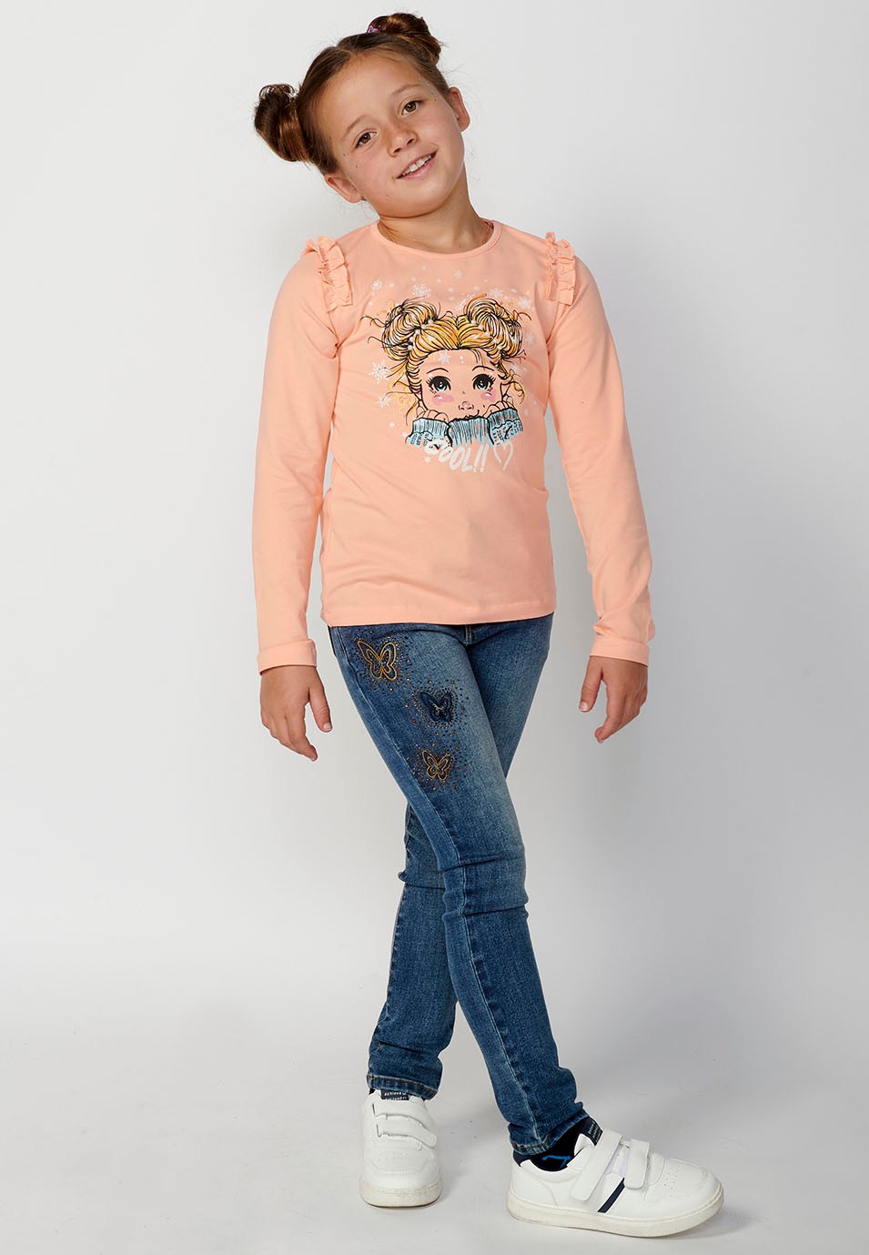 Long-Sleeved T-Shirt with Ruffle Shoulders and Front Print in Salmon for Girls