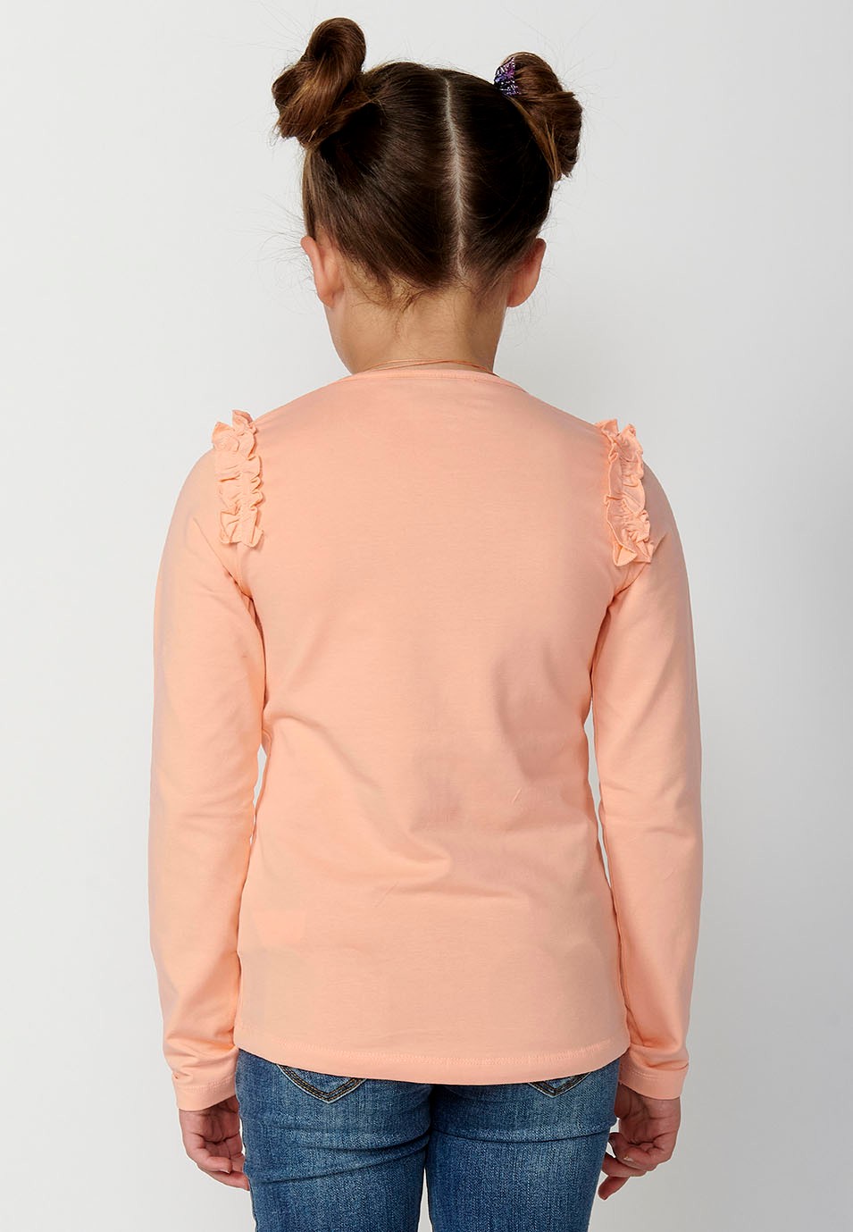 Long-Sleeved T-Shirt with Ruffle Shoulders and Front Print in Salmon for Girls