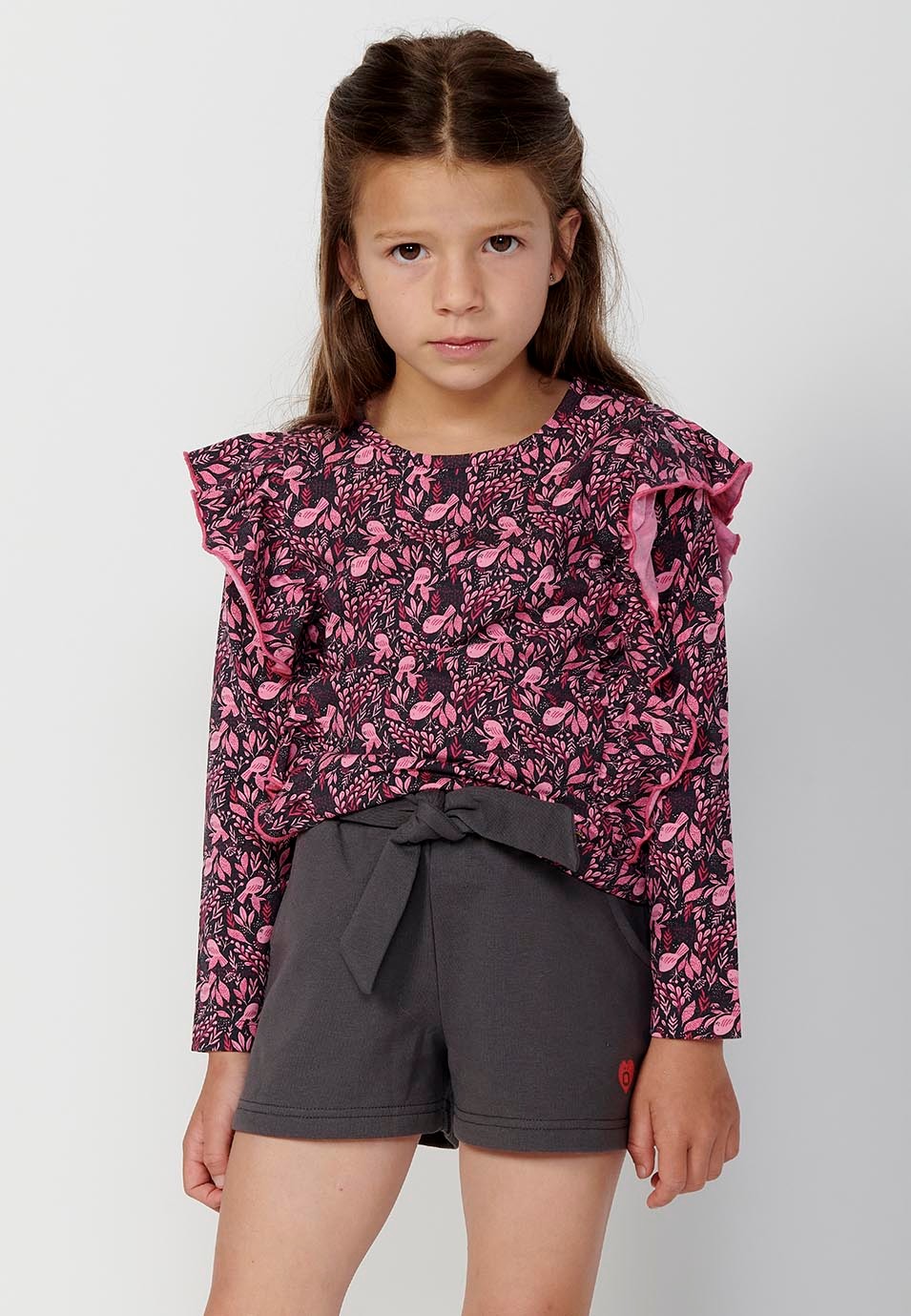 Girls' Pink Floral Print Long Sleeve Crew Neck T-Shirt with Ruffle Detail