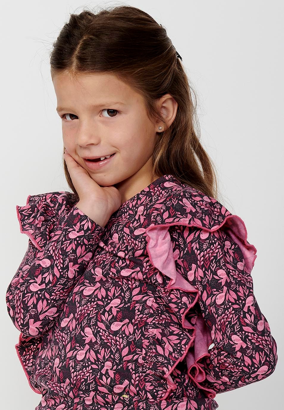 Girls' Pink Floral Print Long Sleeve Crew Neck T-Shirt with Ruffle Detail