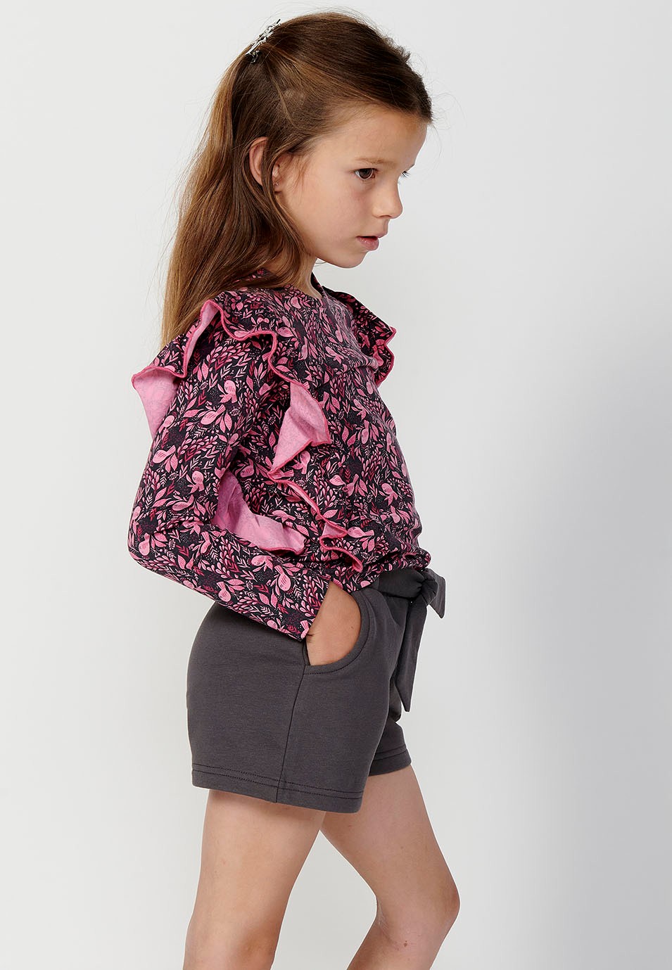 Girls' Pink Floral Print Long Sleeve Crew Neck T-Shirt with Ruffle Detail