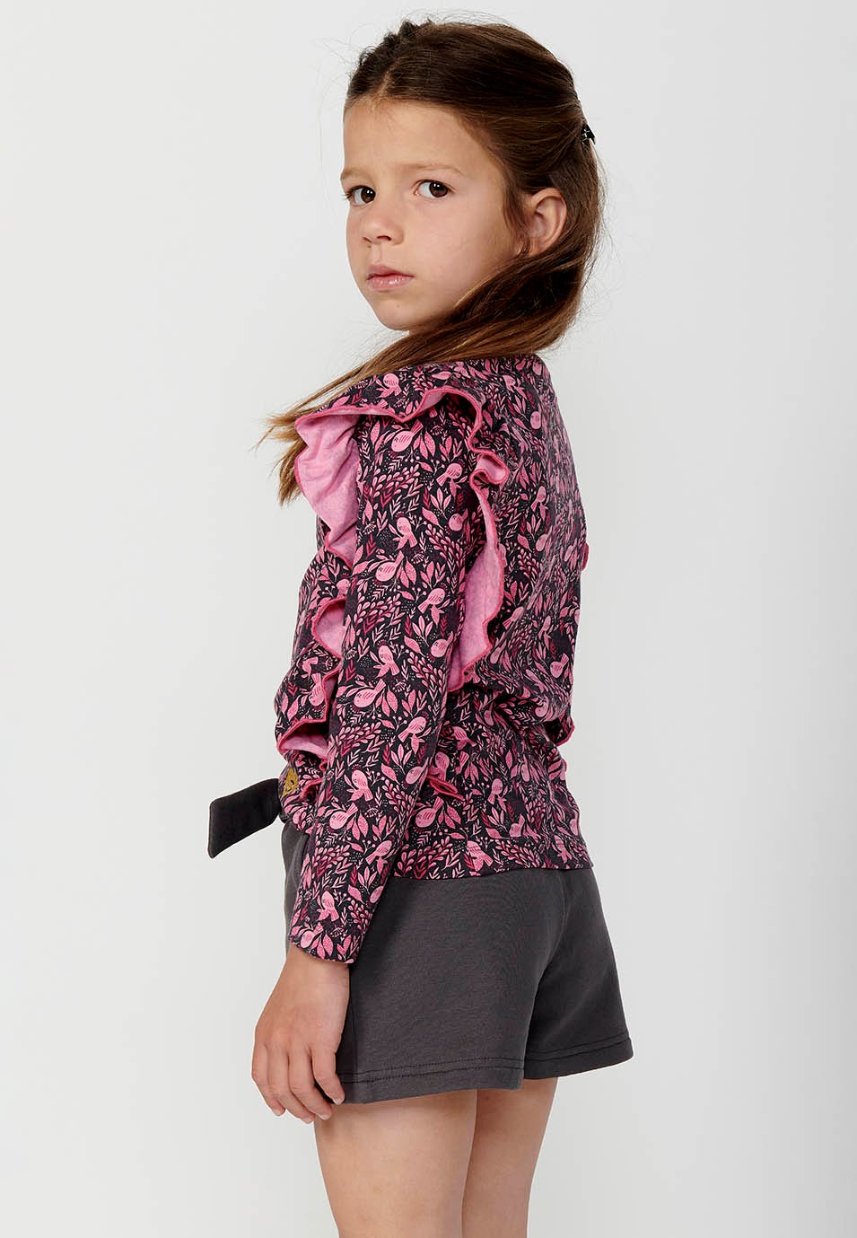 Girls' Pink Floral Print Long Sleeve Crew Neck T-Shirt with Ruffle Detail