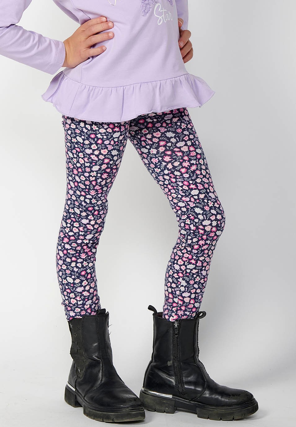 Pantalons llargs legging amb estampat floral i cintura engomada per a nena de color navy