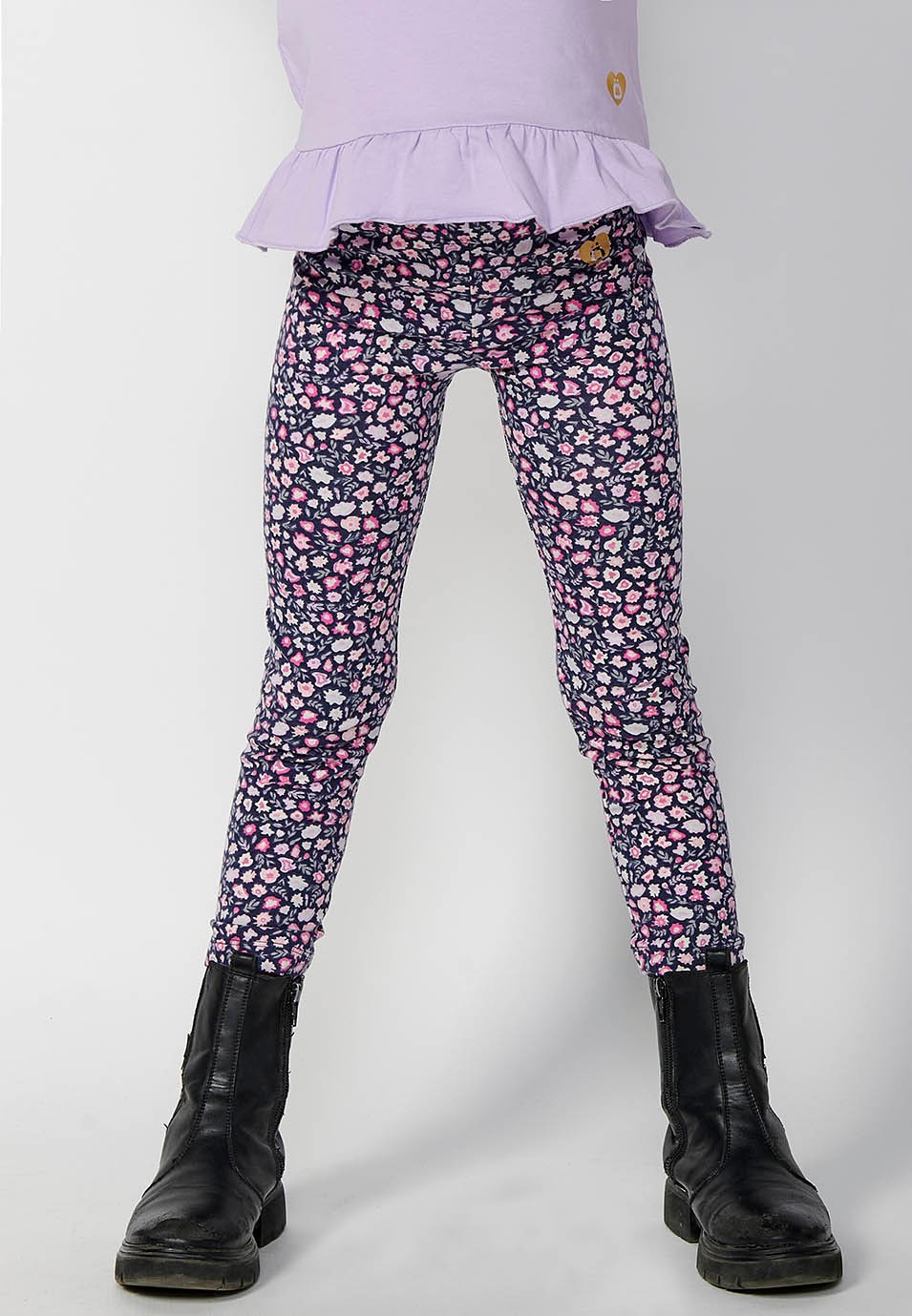 Pantalons llargs legging amb estampat floral i cintura engomada per a nena de color navy