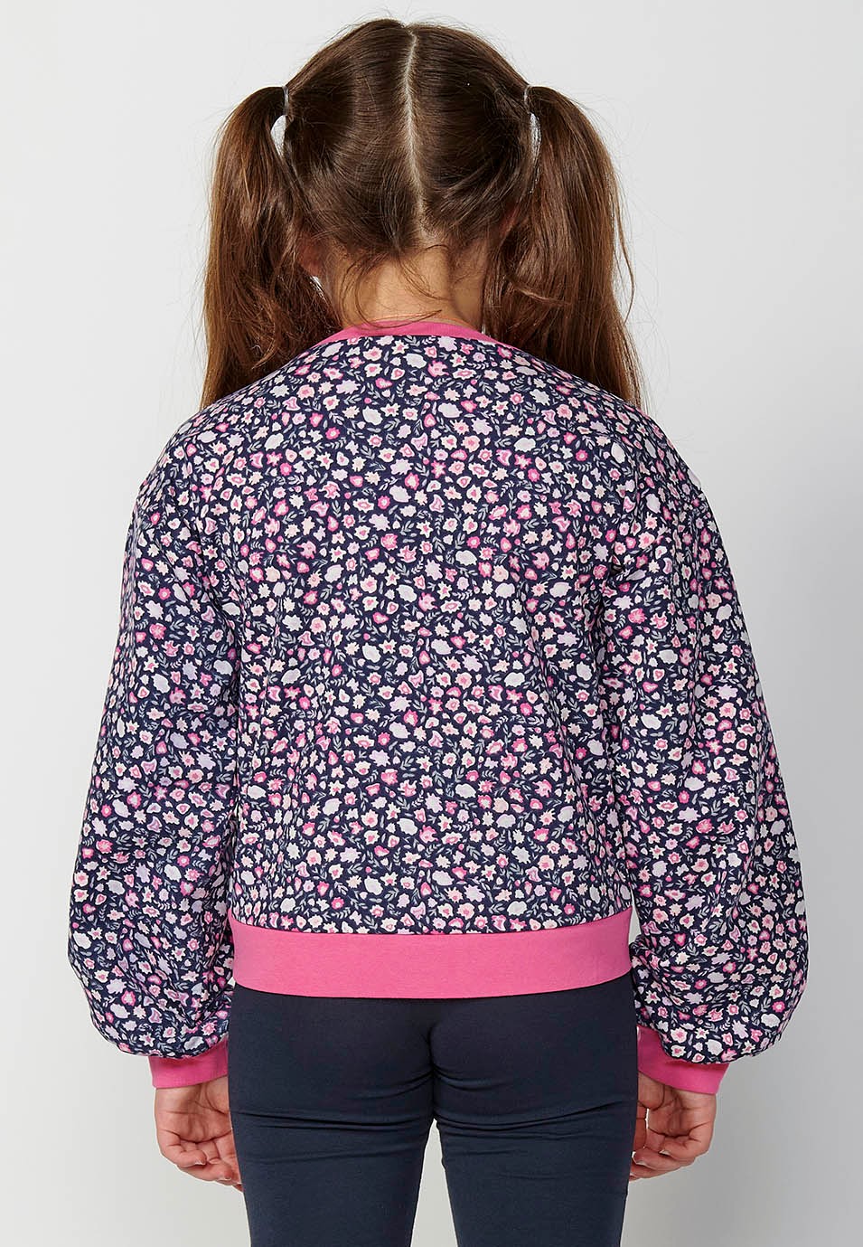 Girls' long-sleeved crewneck sweatshirt with floral print front detail in navy