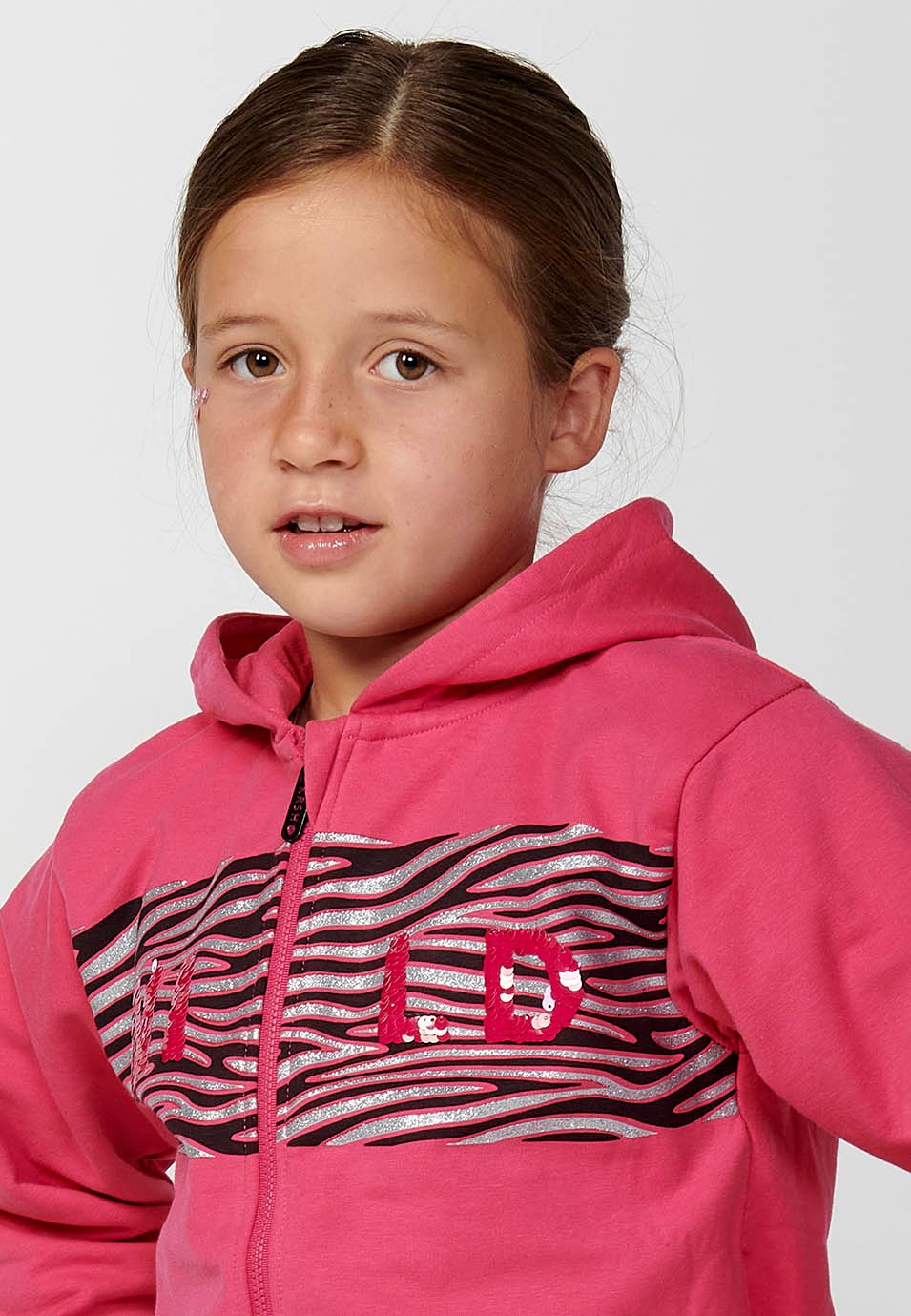 Sudadera chaqueta de manga larga con Cuello con capucha y Cierre delantero con cremallera y Detalle animal print color Fucsia para Niña