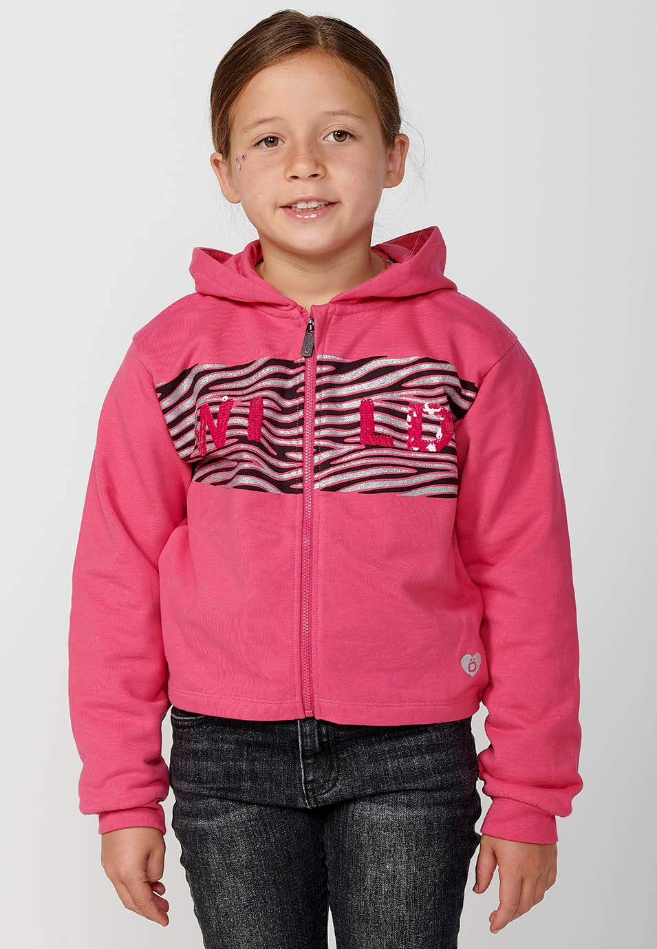 Sudadera chaqueta de manga larga con Cuello con capucha y Cierre delantero con cremallera y Detalle animal print color Fucsia para Niña