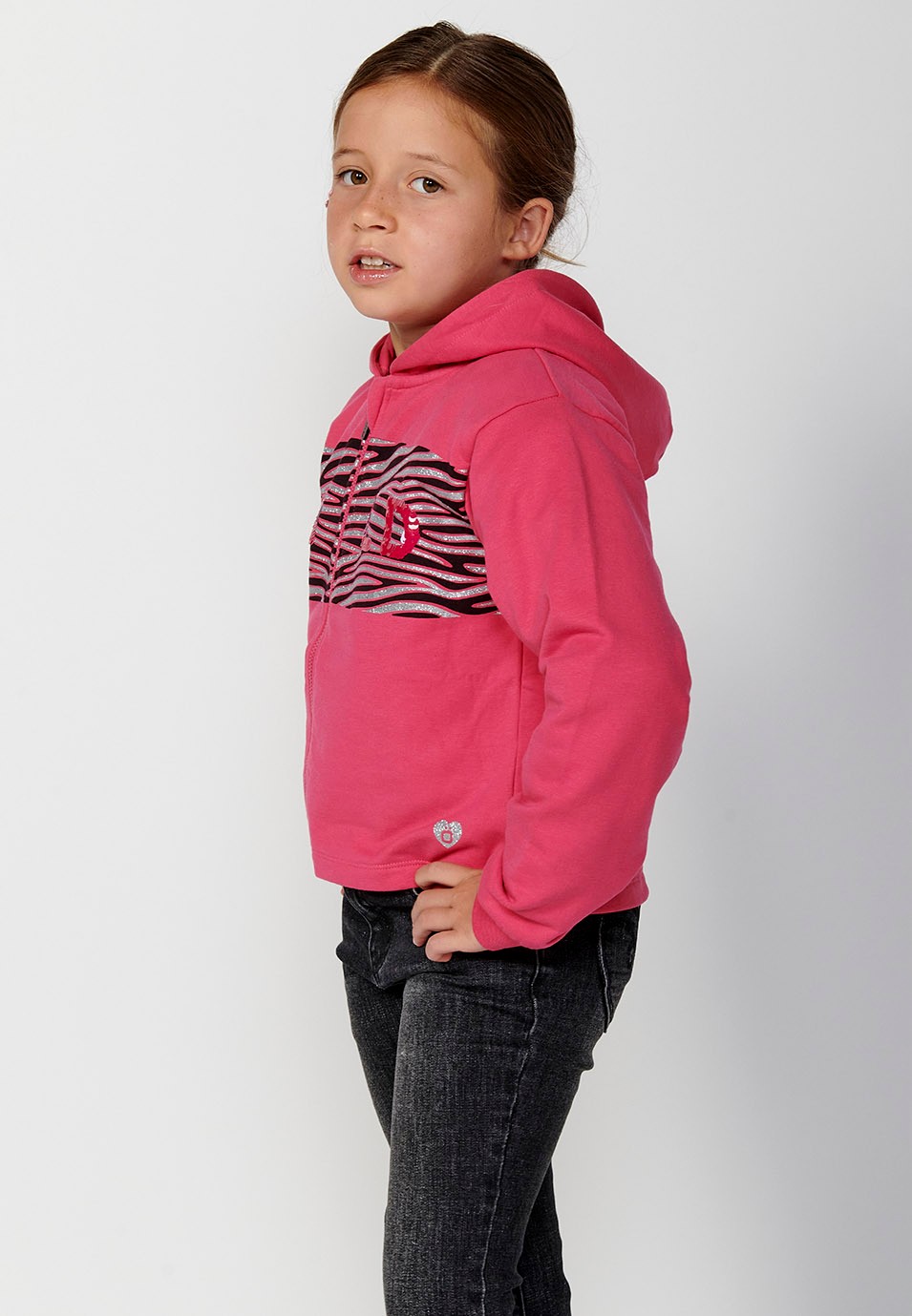 Sudadera chaqueta de manga larga con Cuello con capucha y Cierre delantero con cremallera y Detalle animal print color Fucsia para Niña