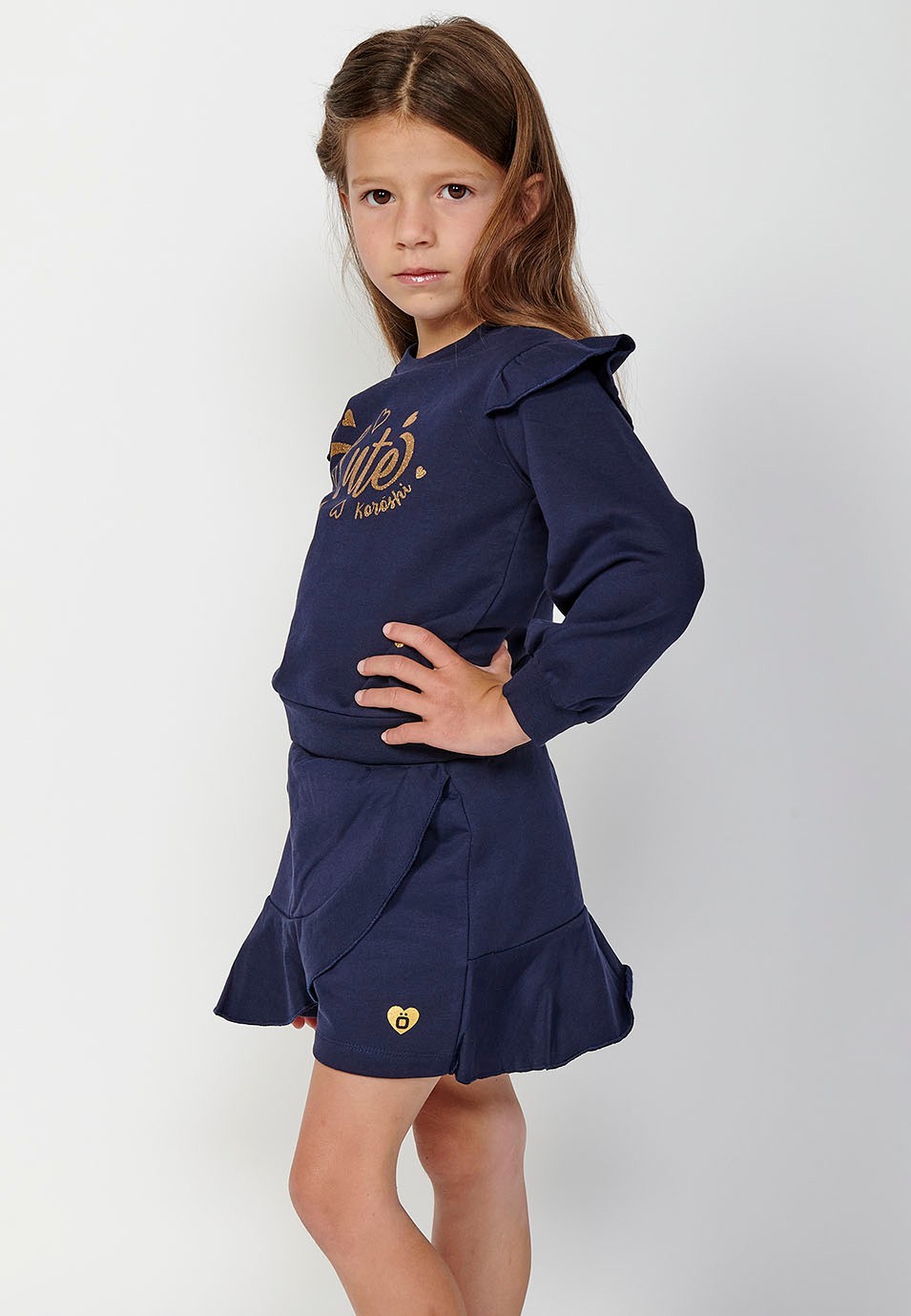 Sudadera manga larga con Cuello redondo y Volantes en los hombros con Detalle delantero de color Navy para Niña