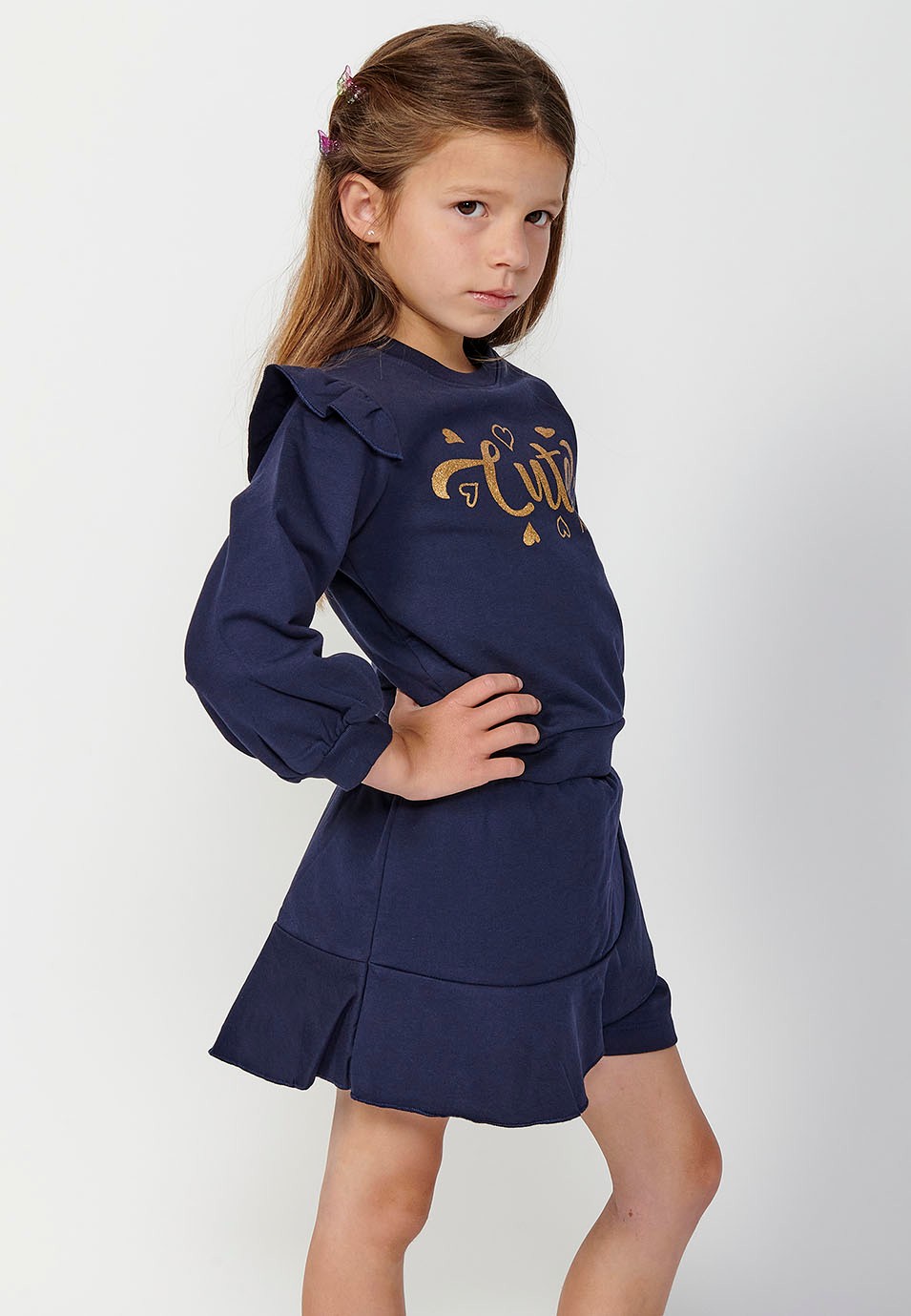 Sudadera manga larga con Cuello redondo y Volantes en los hombros con Detalle delantero de color Navy para Niña