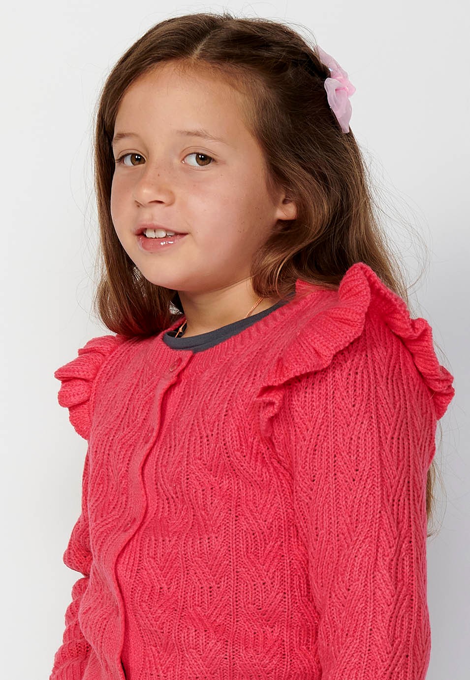 Jersey tricot de maga larga con Cuello redondo y Detalles de volantes de color Fucsia para Niña