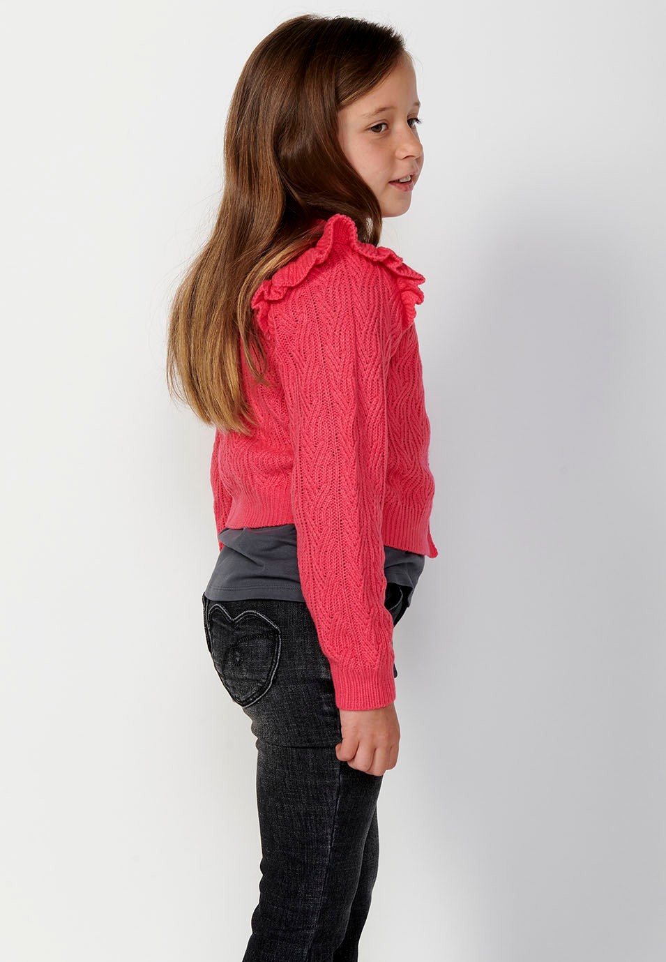 Jersey tricot de maga larga con Cuello redondo y Detalles de volantes de color Fucsia para Niña