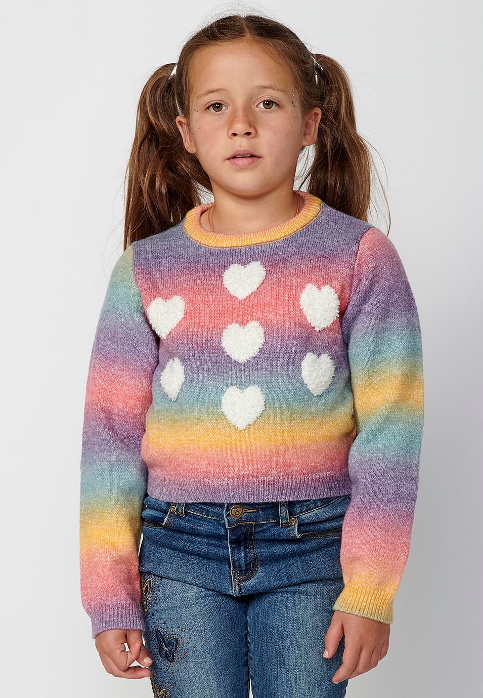 Jersey Tricot de manga larga y cuello redondo, a rayas con detalles corazones delanteros color Multicolor para Niña