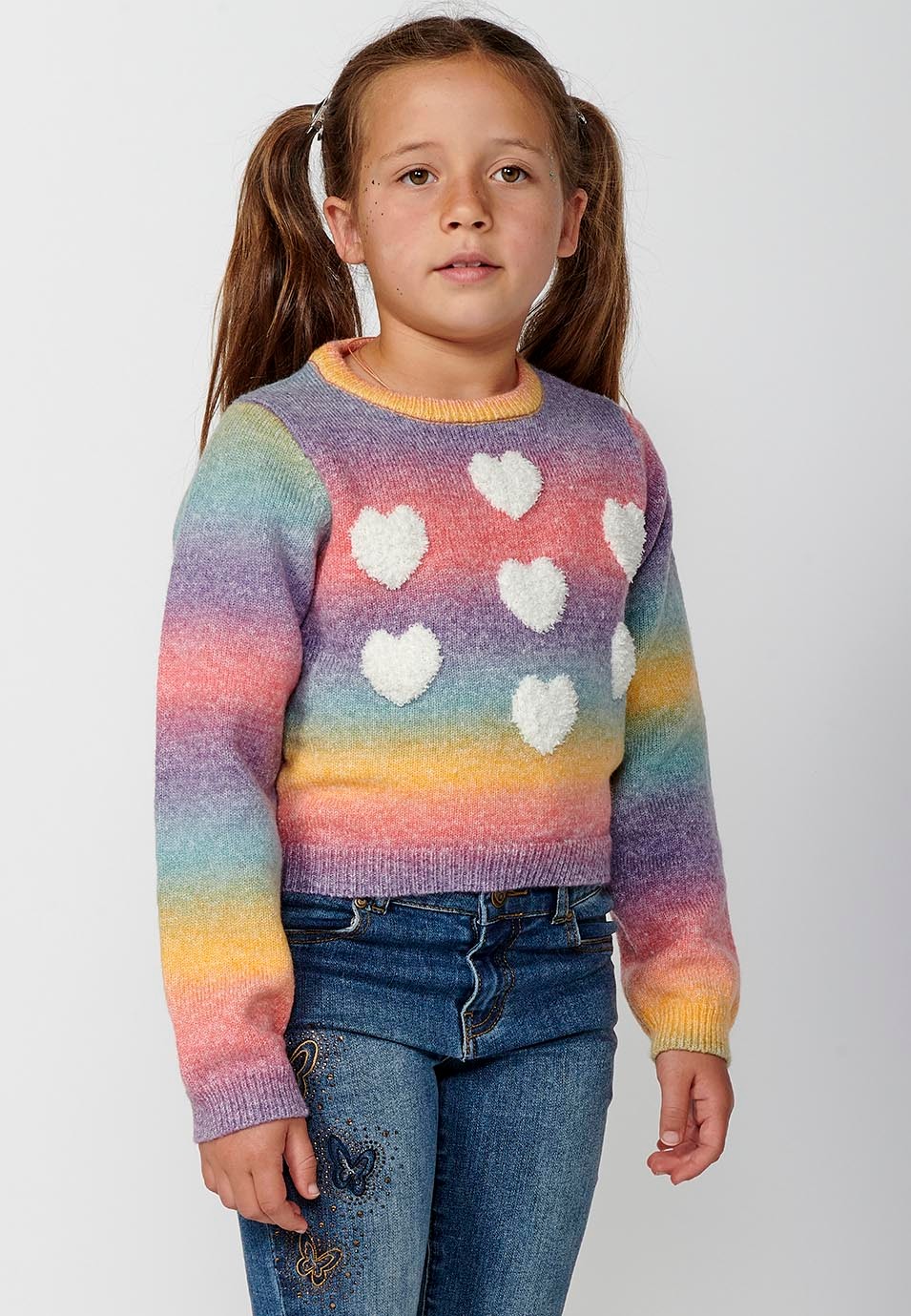 Jersey Tricot de manga larga y cuello redondo, a rayas con detalles corazones delanteros color Multicolor para Niña