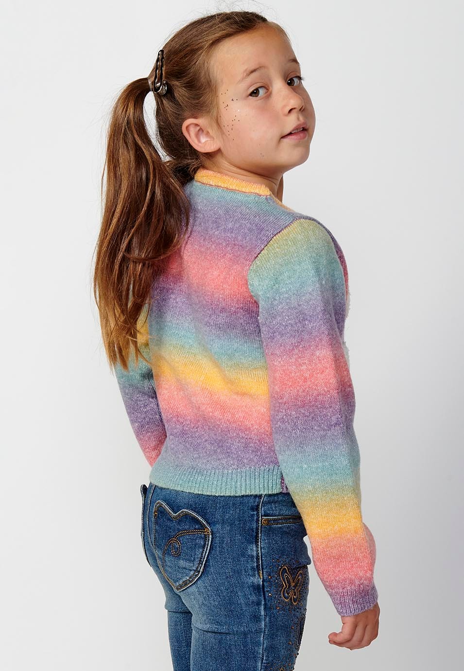 Jersey Tricot de manga larga y cuello redondo, a rayas con detalles corazones delanteros color Multicolor para Niña