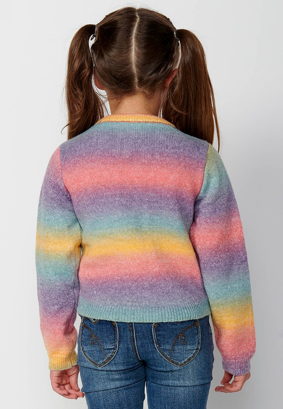 Jersey Tricot de manga larga y cuello redondo, a rayas con detalles corazones delanteros color Multicolor para Niña