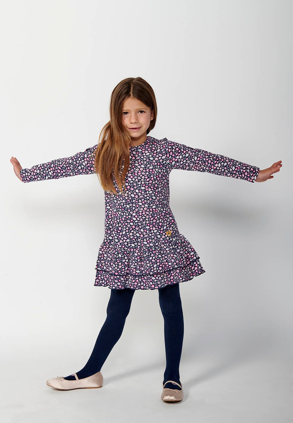 Girls' Long-Sleeved Round Neck Floral Print Ruffle Skirt Dress in Navy