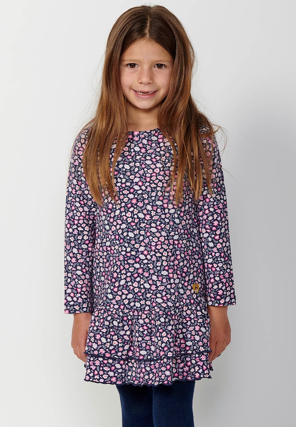 Girls' Long-Sleeved Round Neck Floral Print Ruffle Skirt Dress in Navy