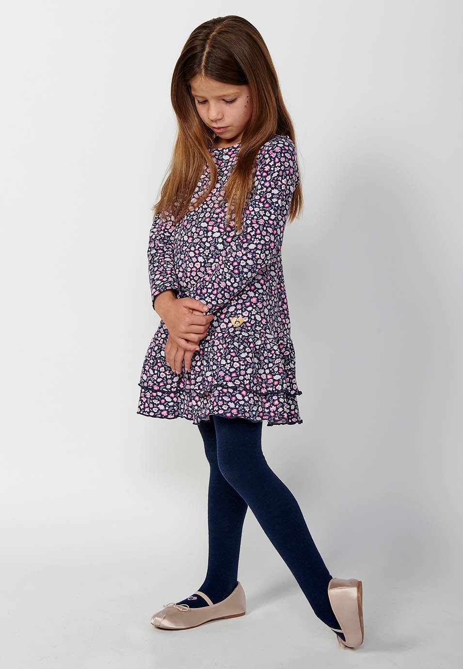 Girls' Long-Sleeved Round Neck Floral Print Ruffle Skirt Dress in Navy