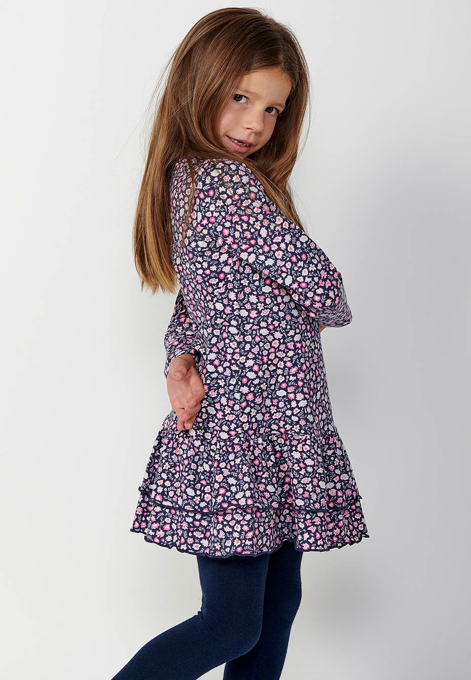 Girls' Long-Sleeved Round Neck Floral Print Ruffle Skirt Dress in Navy