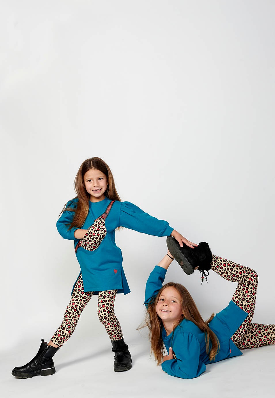 Girls' Long Sleeve Crew Neck Dress with Front Detail in Animal Print in Blue