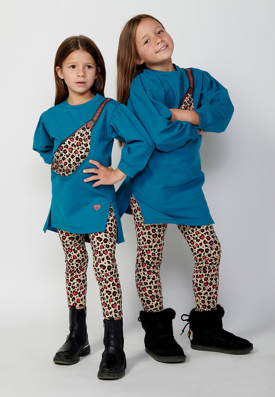 Girls' Long Sleeve Crew Neck Dress with Front Detail in Animal Print in Blue