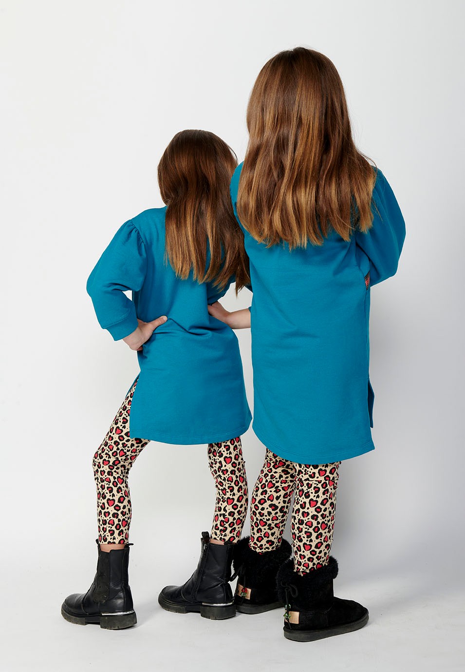 Girls' Long Sleeve Crew Neck Dress with Front Detail in Animal Print in Blue