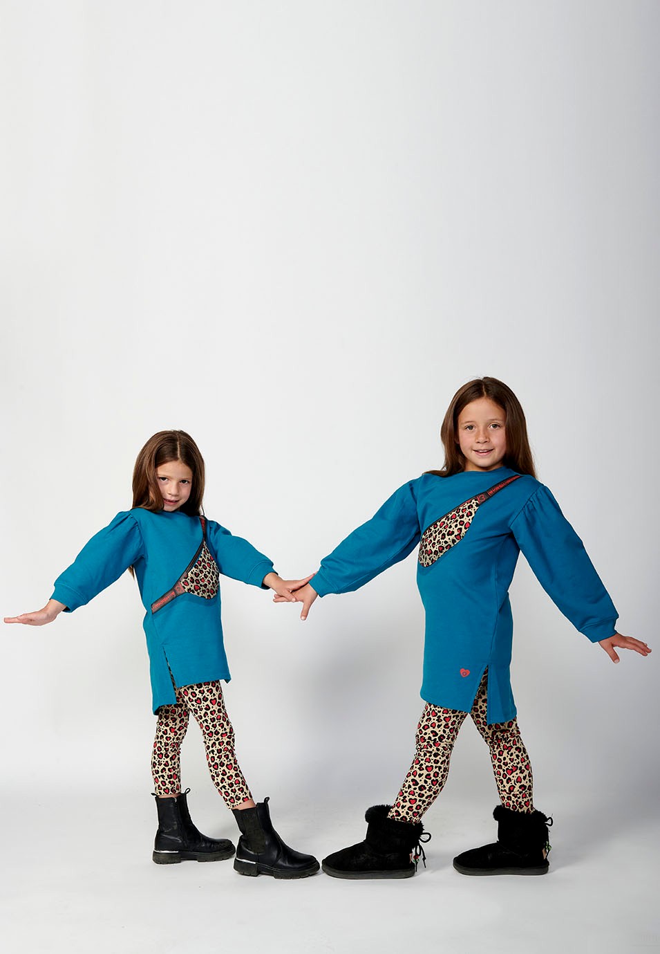 Girls' Long Sleeve Crew Neck Dress with Front Detail in Animal Print in Blue