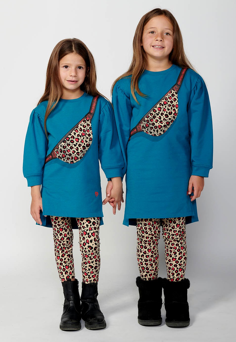 Girls' Long Sleeve Crew Neck Dress with Front Detail in Animal Print in Blue