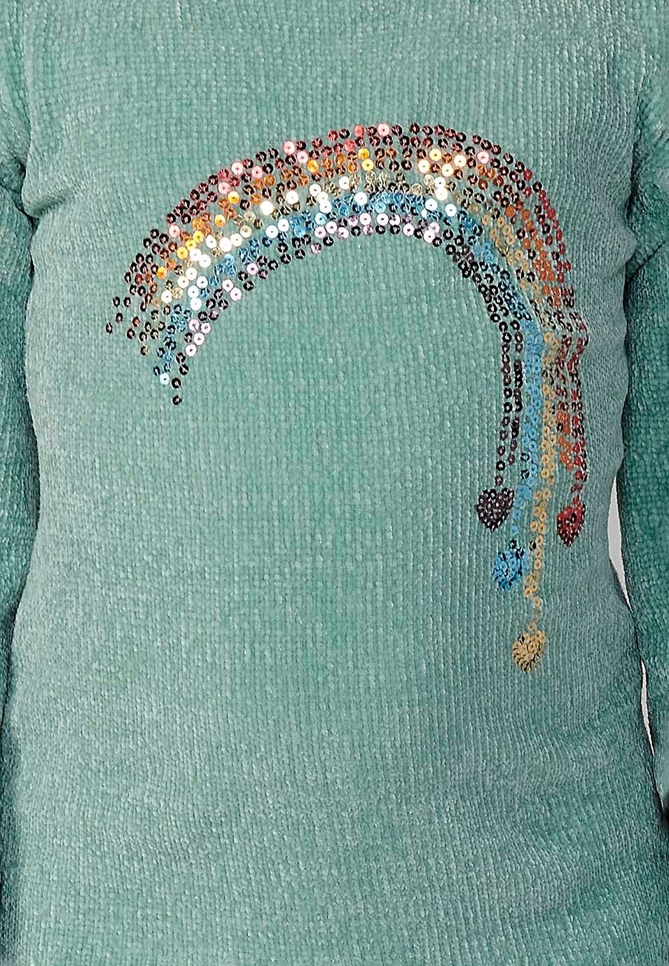 Vestido de manga larga con Cuello redondo y Acabados en rib con Detalle arco iris delantero color Kaki para Niña