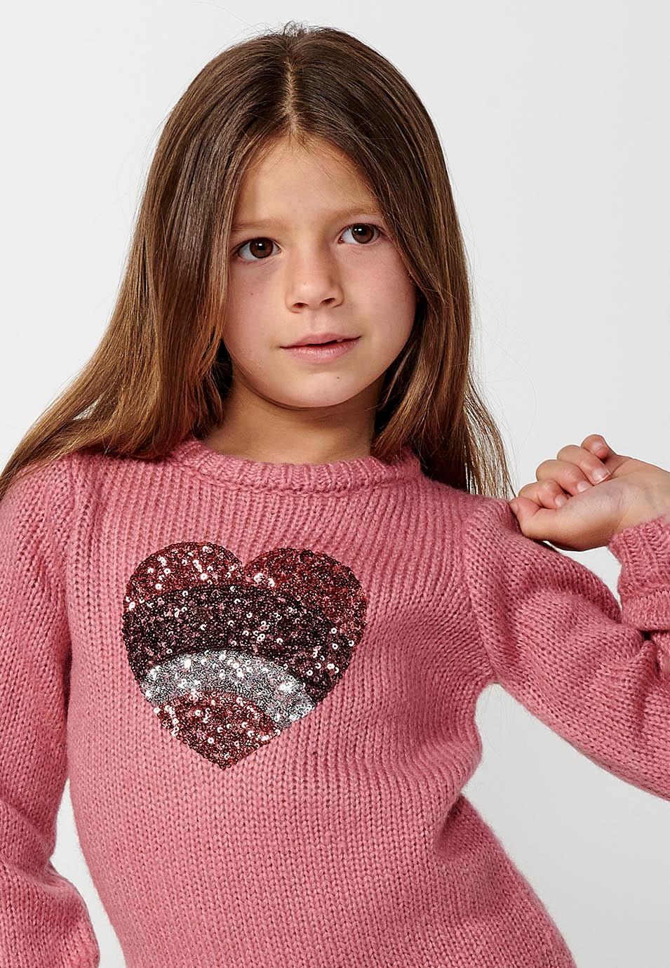 Vestido de manga larga con Cuello redondo acabado en rib y Detalle delantero corazón color Fucsia para Niña