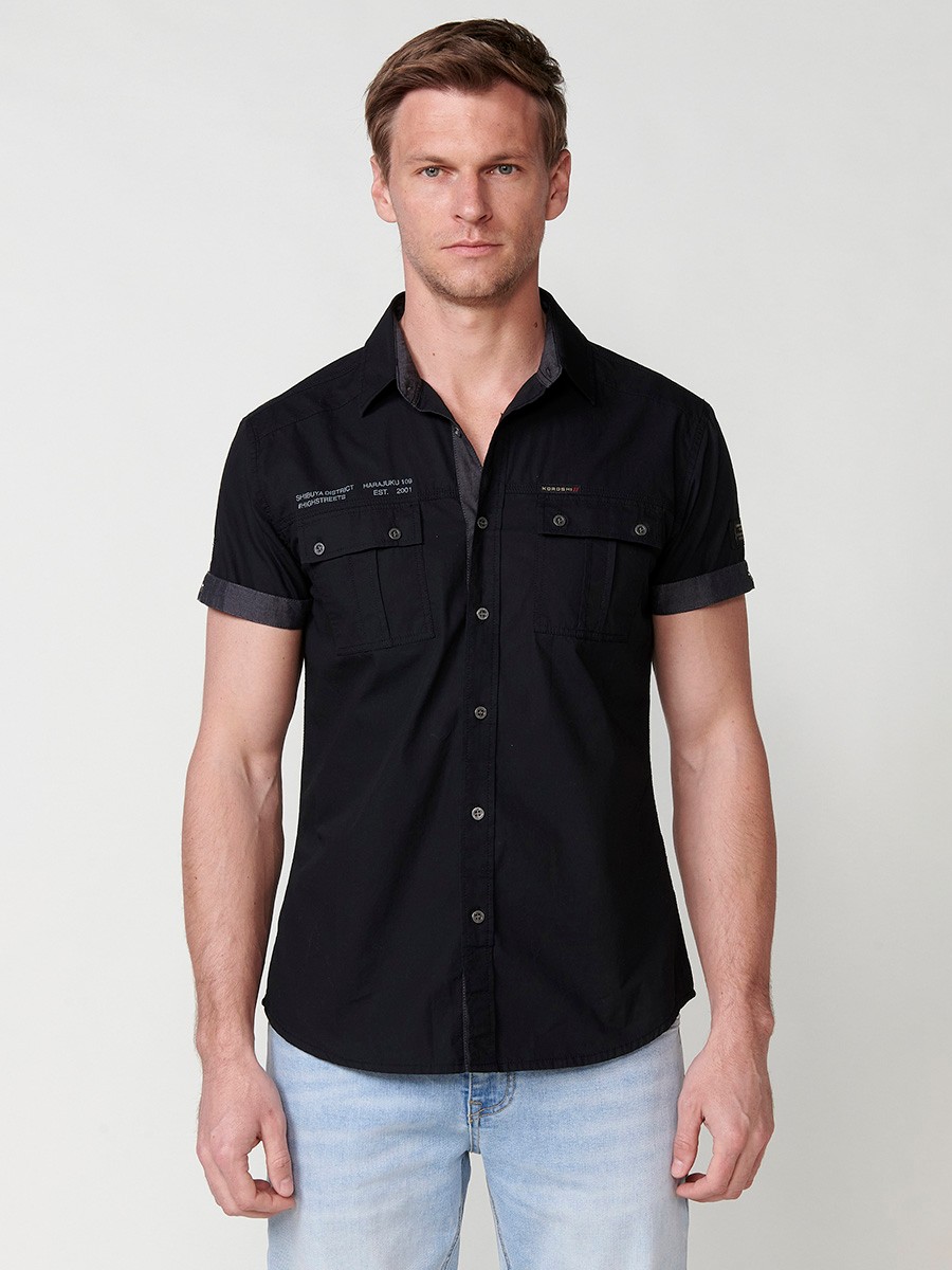 Chemise élégante à manches courtes en coton pour homme en noir