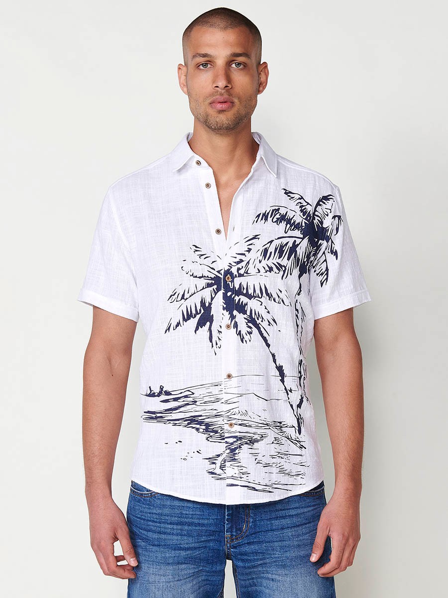 Chemise blanche à manches courtes pour homme avec imprimé tropical