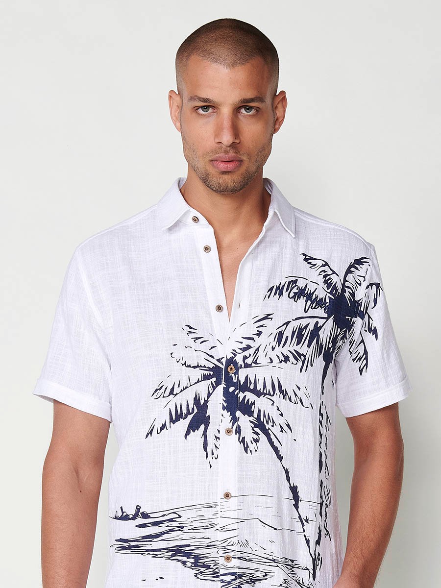 Chemise blanche à manches courtes pour homme avec imprimé tropical